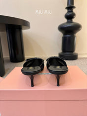 MIUMIU 26S HEEL MULES IN BLACK MESH AND LAMBSKIN