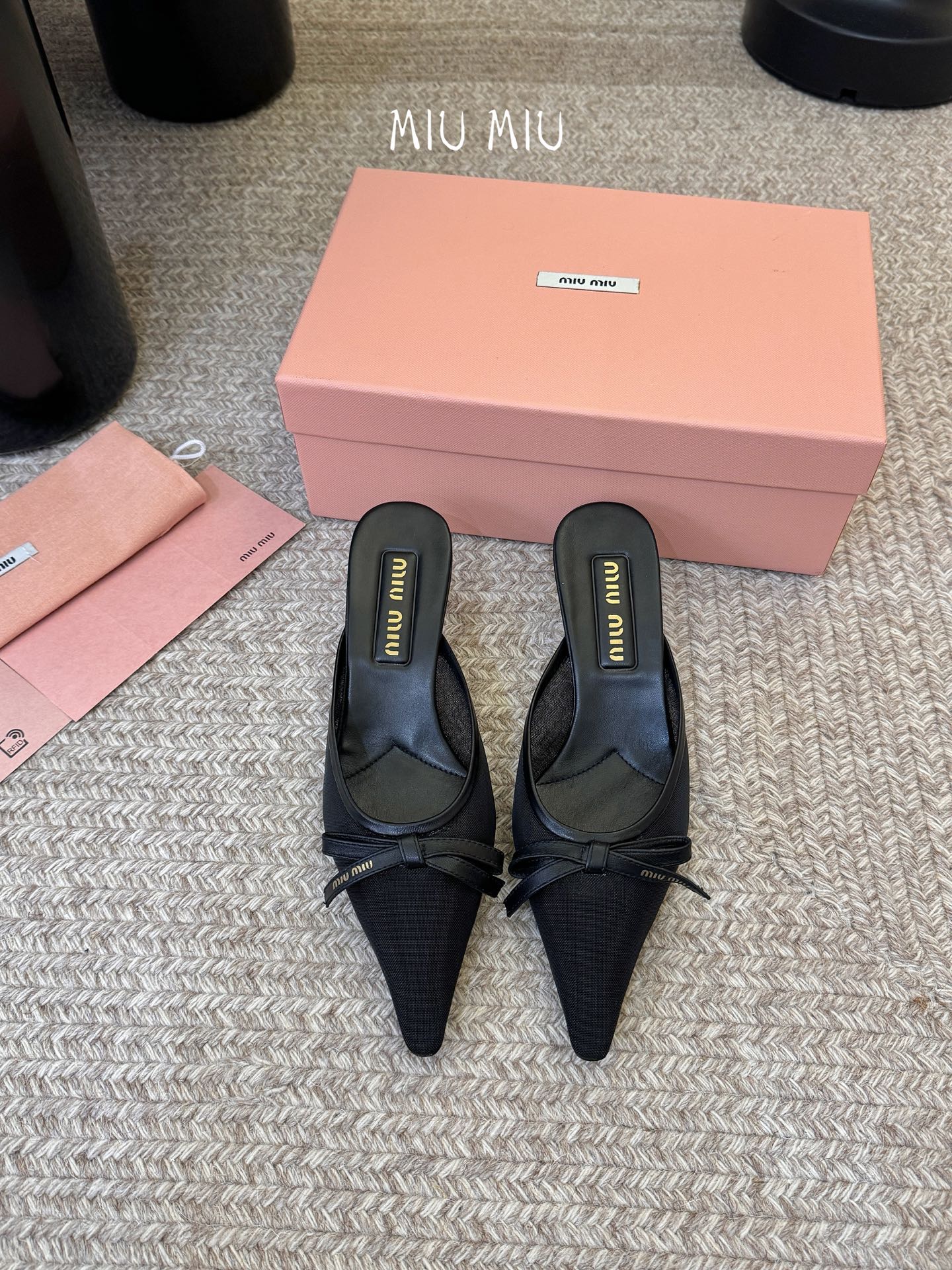 MIUMIU 26S HEEL MULES IN BLACK MESH AND LAMBSKIN
