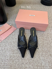 MIUMIU 26S HEEL MULES IN BLACK MESH AND LAMBSKIN