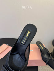 MIUMIU 26S HEEL MULES IN BLACK MESH AND LAMBSKIN