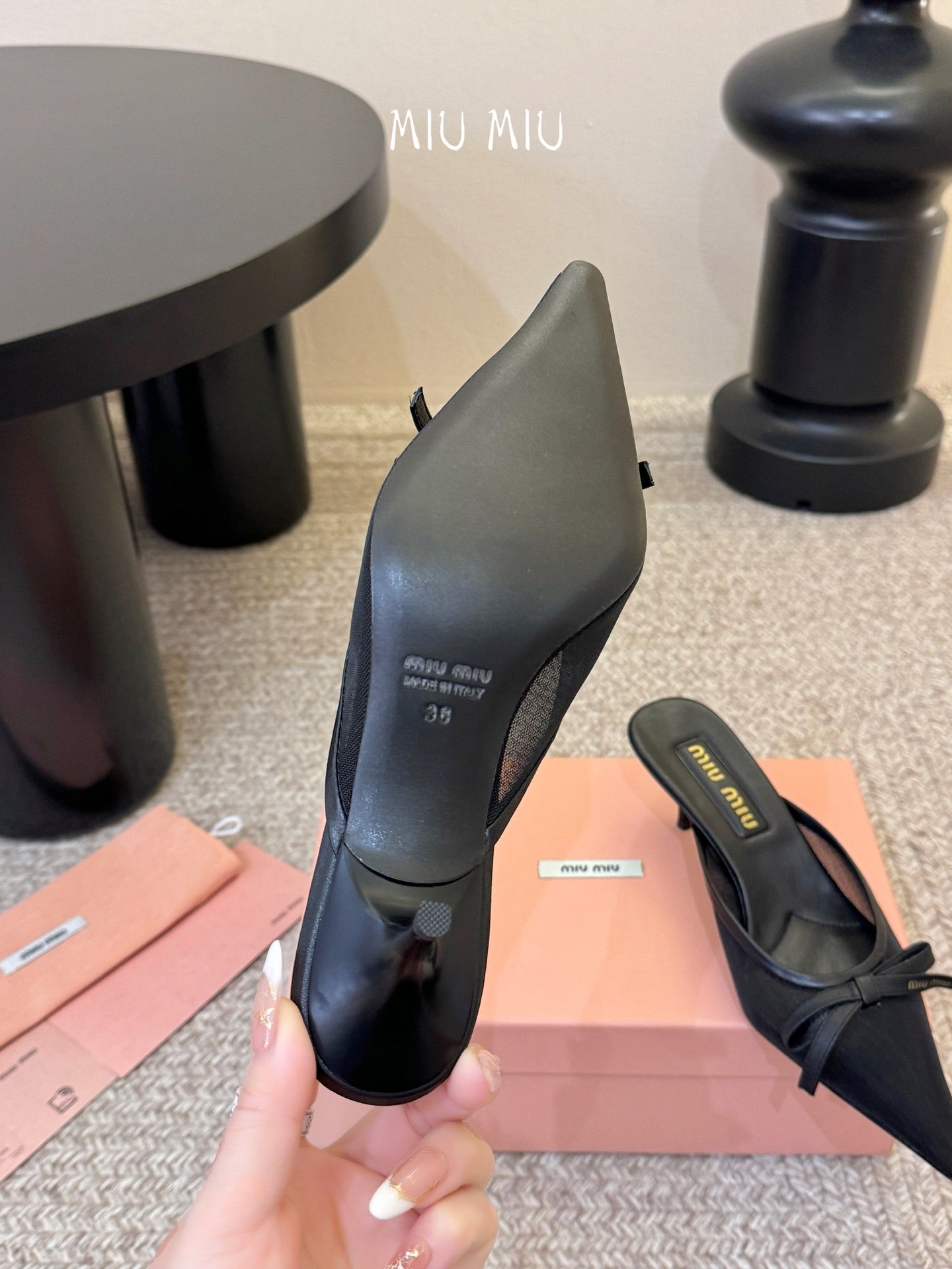 MIUMIU 26S HEEL MULES IN BLACK MESH AND LAMBSKIN