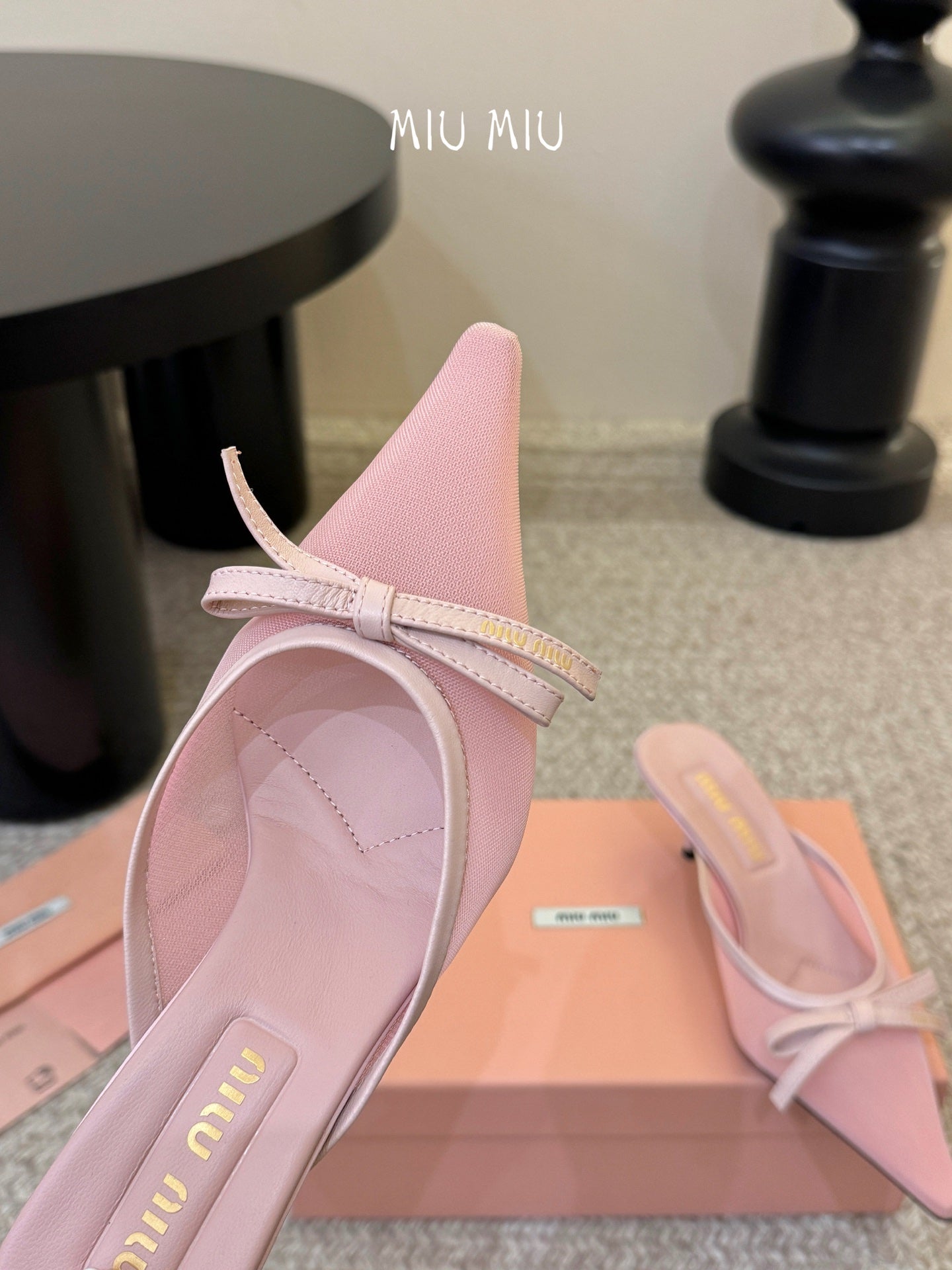 MIUMIU 26S HEEL MULES IN LIGHT PINK MESH AND LAMBSKIN