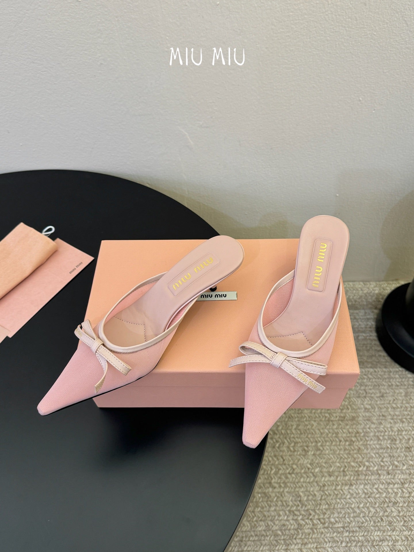 MIUMIU 26S HEEL MULES IN LIGHT PINK MESH AND LAMBSKIN
