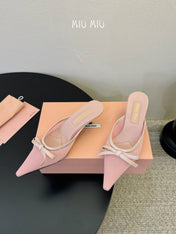 MIUMIU 26S HEEL MULES IN LIGHT PINK MESH AND LAMBSKIN