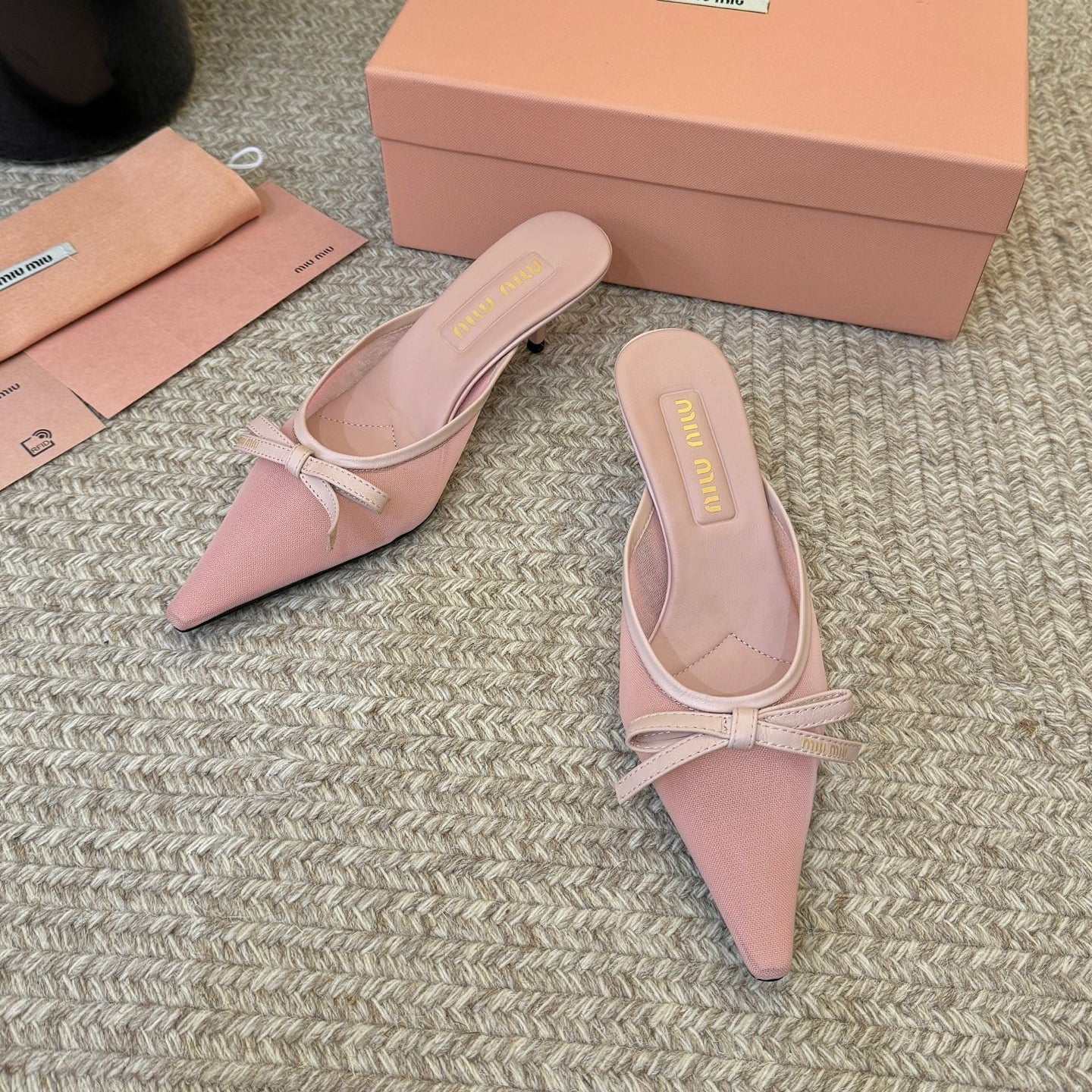 MIUMIU 26S HEEL MULES IN LIGHT PINK MESH AND LAMBSKIN