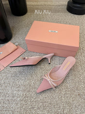 MIUMIU 26S HEEL MULES IN LIGHT PINK MESH AND LAMBSKIN
