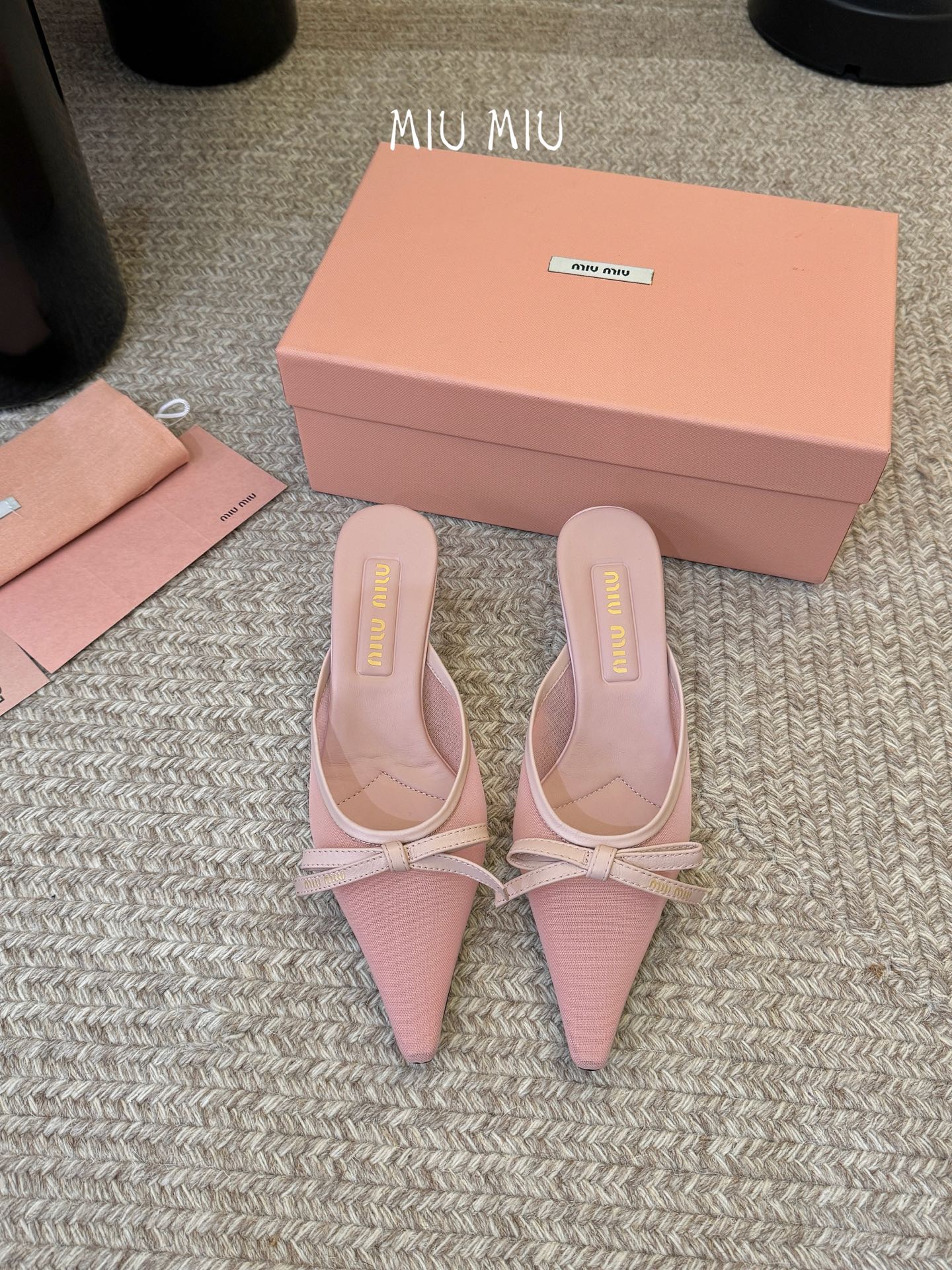 MIUMIU 26S HEEL MULES IN LIGHT PINK MESH AND LAMBSKIN