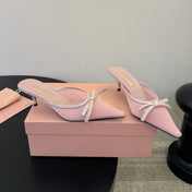 MIUMIU 26S HEEL MULES IN LIGHT PINK MESH AND LAMBSKIN