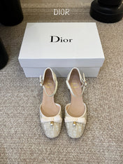 DIOR 26S HEEL ANKLE STRAP PUMPS IN BEIGE DIOR OBLIQUE EMBROIDERED CANVAS WITH BOW