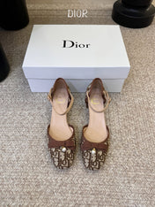 DIOR 26S HEEL ANKLE STRAP PUMPS IN BROWN DIOR OBLIQUE EMBROIDERED CANVAS WITH BOW