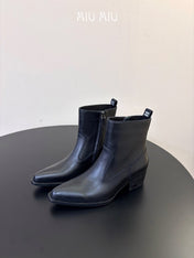 MIUMIU 26S WESTERN ANKLE BOOTS IN BLACK CALFSKIN