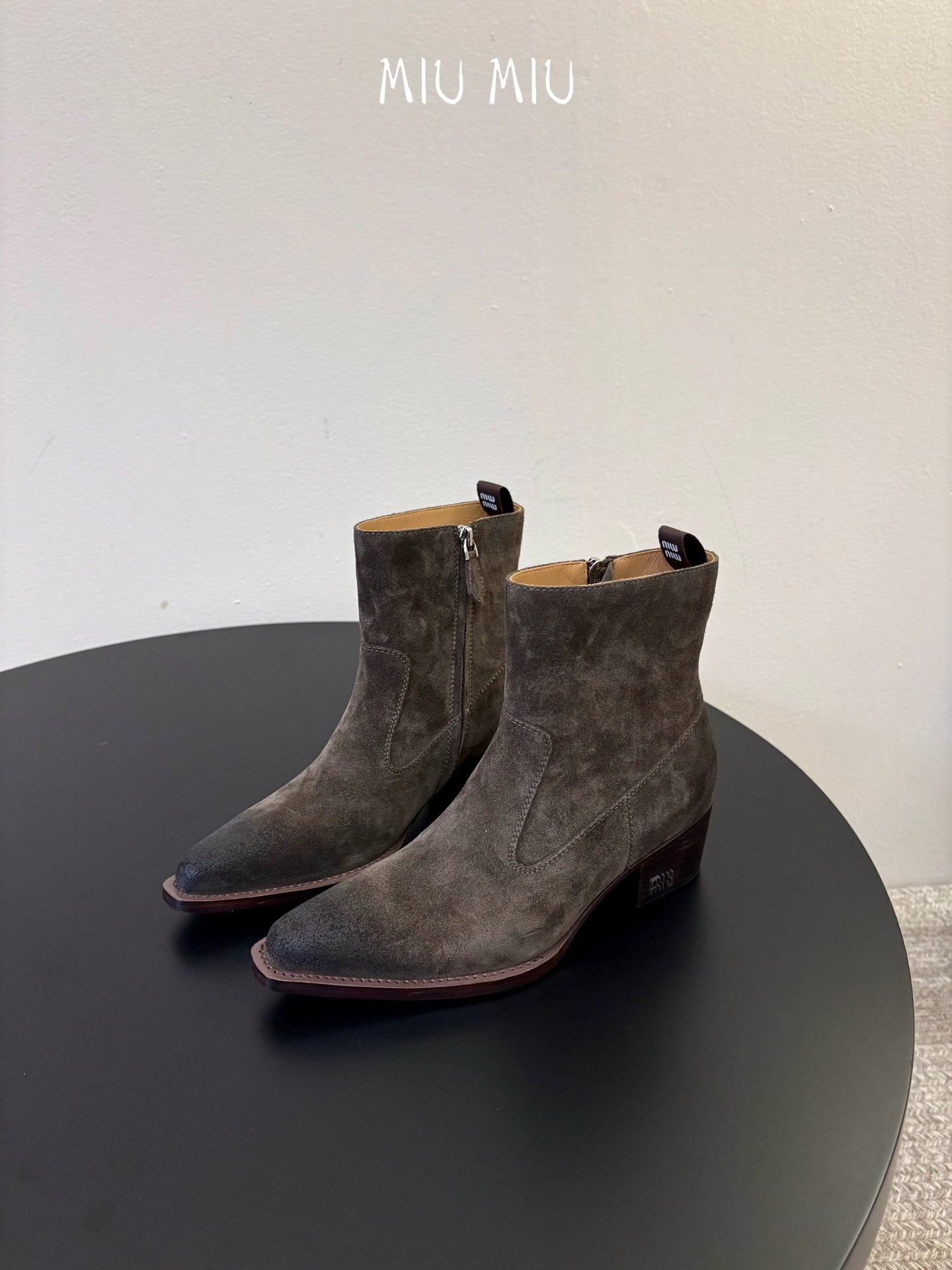 MIUMIU 26S WESTERN ANKLE BOOTS IN DARK GREY SUEDE