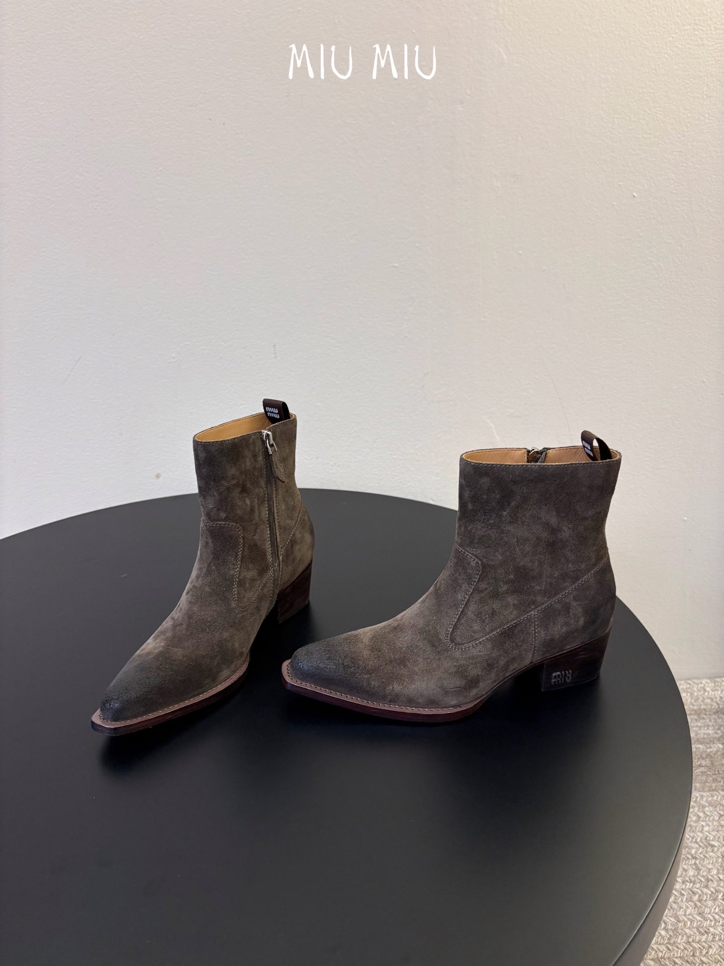 MIUMIU 26S WESTERN ANKLE BOOTS IN DARK GREY SUEDE