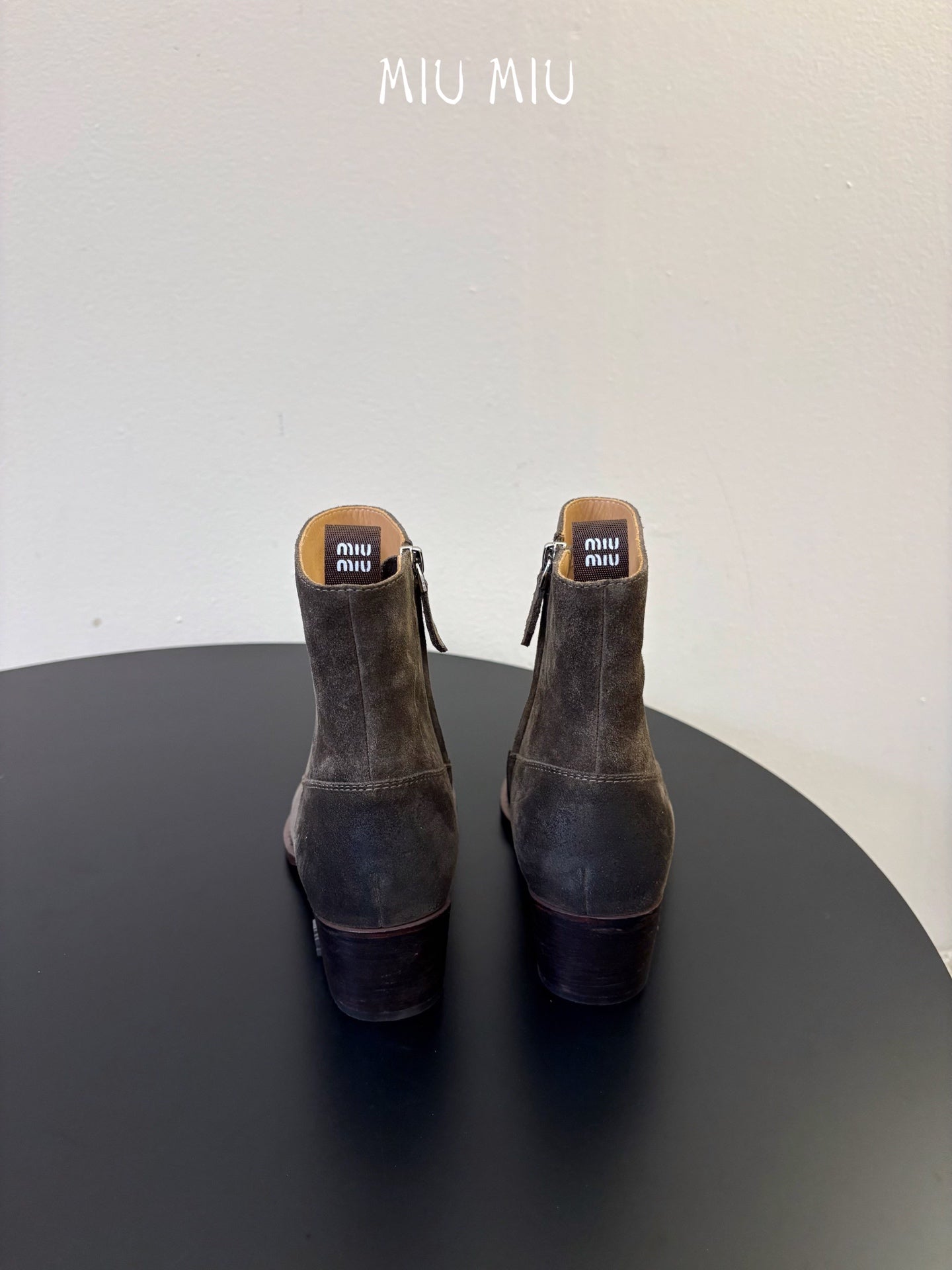 MIUMIU 26S WESTERN ANKLE BOOTS IN DARK GREY SUEDE