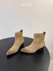 MIUMIU 26S WESTERN ANKLE BOOTS IN SAND BEIGE SUEDE