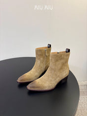 MIUMIU 26S WESTERN ANKLE BOOTS IN SAND BEIGE SUEDE