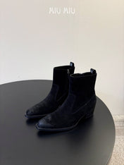 MIUMIU 26S WESTERN ANKLE BOOTS IN BLACK SUEDE