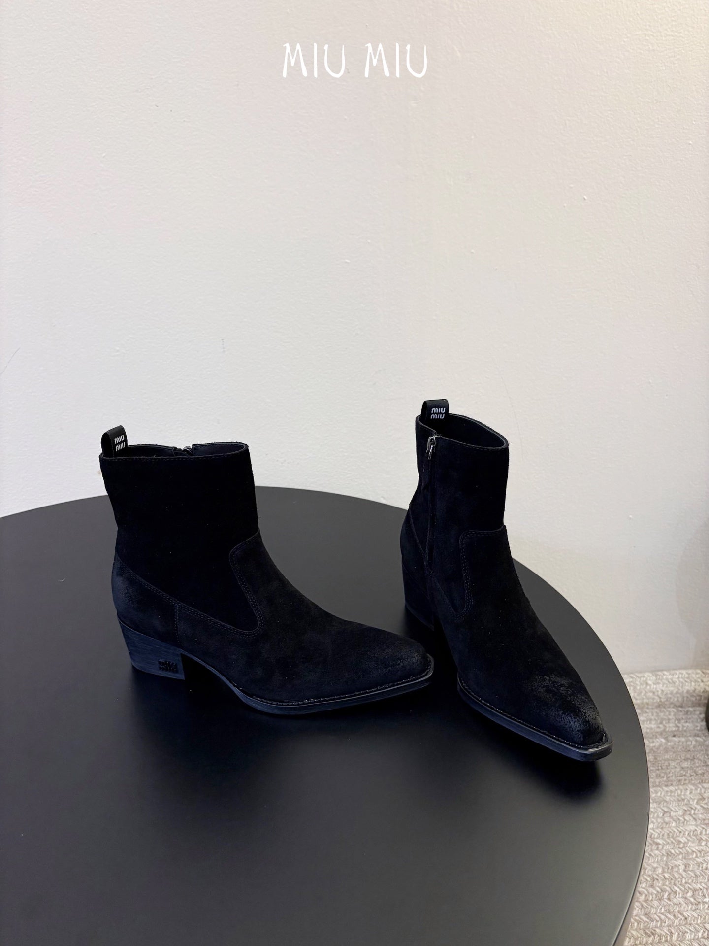 MIUMIU 26S WESTERN ANKLE BOOTS IN BLACK SUEDE