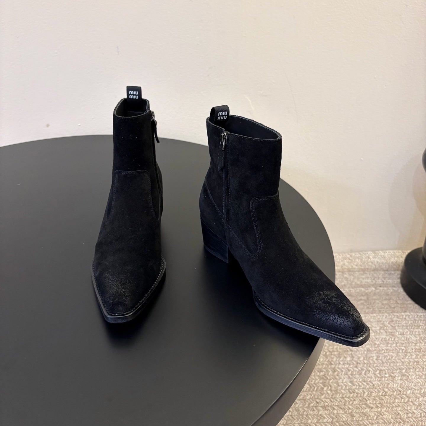 MIUMIU 26S WESTERN ANKLE BOOTS IN BLACK SUEDE