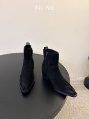 MIUMIU 26S WESTERN ANKLE BOOTS IN BLACK SUEDE