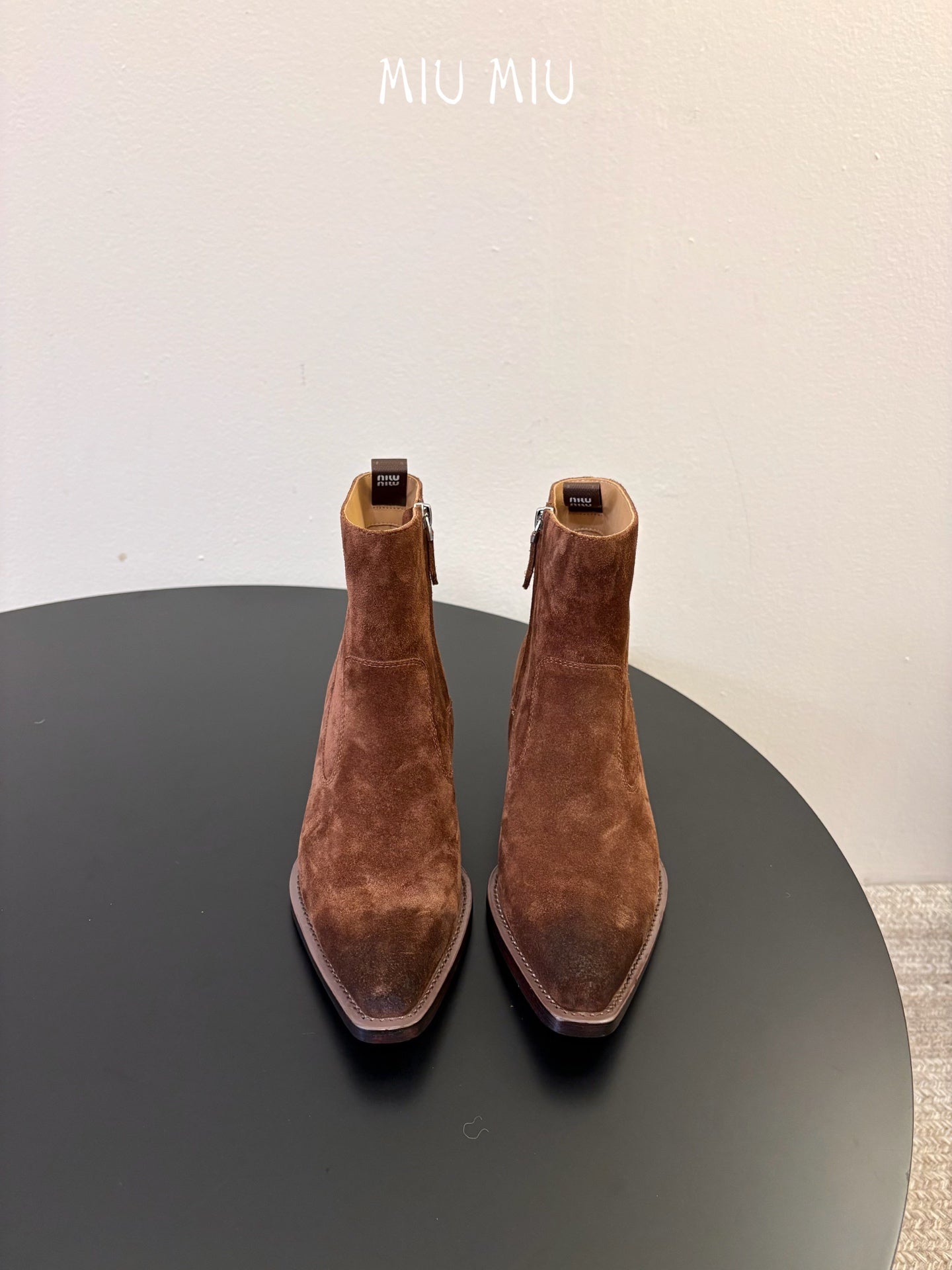 MIUMIU 26S WESTERN ANKLE BOOTS IN BROWN SUEDE