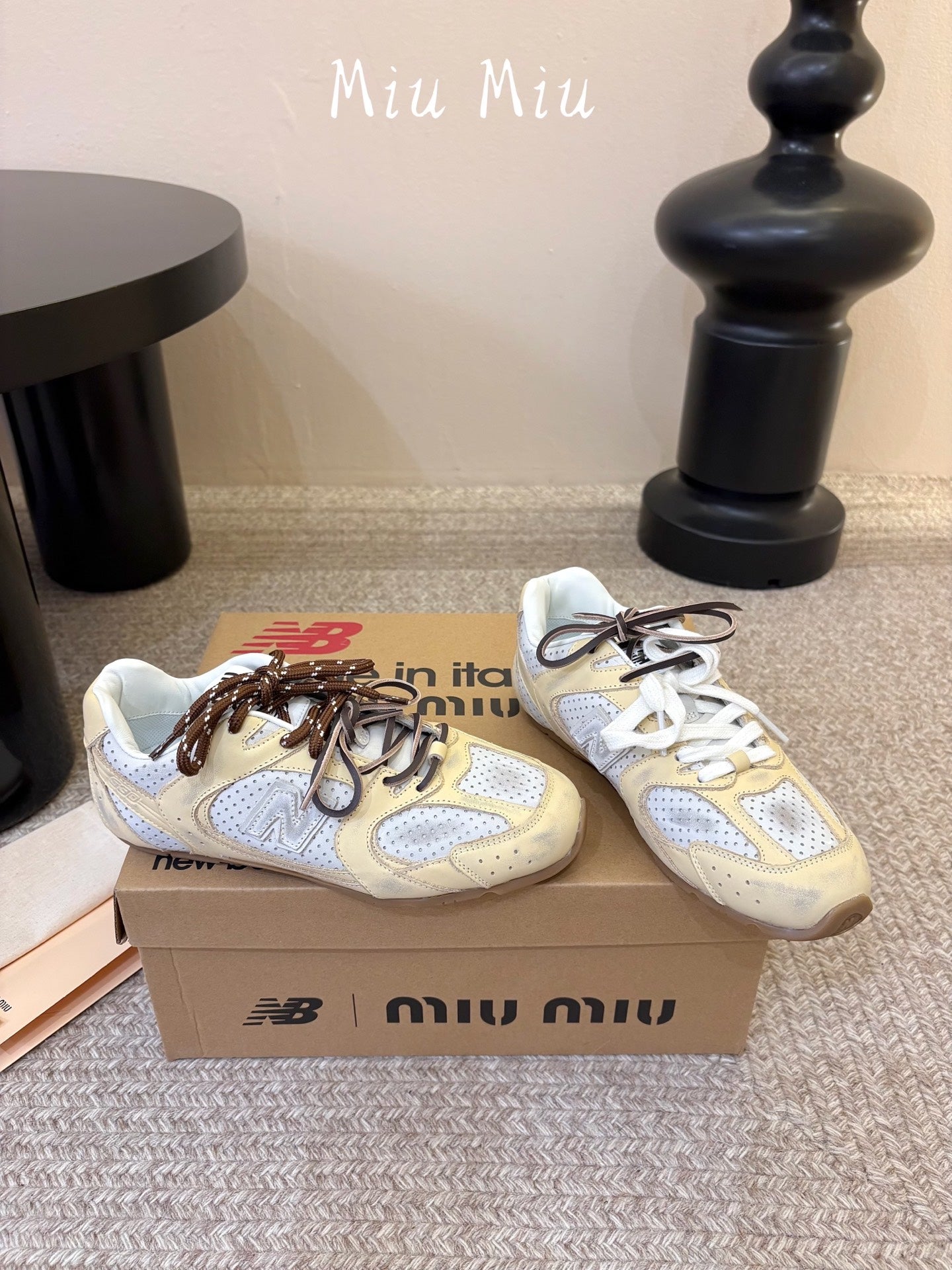 MIUMIU 26S PERFORATED SNEAKERS IN WHITE AND BEIGE YELLOW CALFSKIN