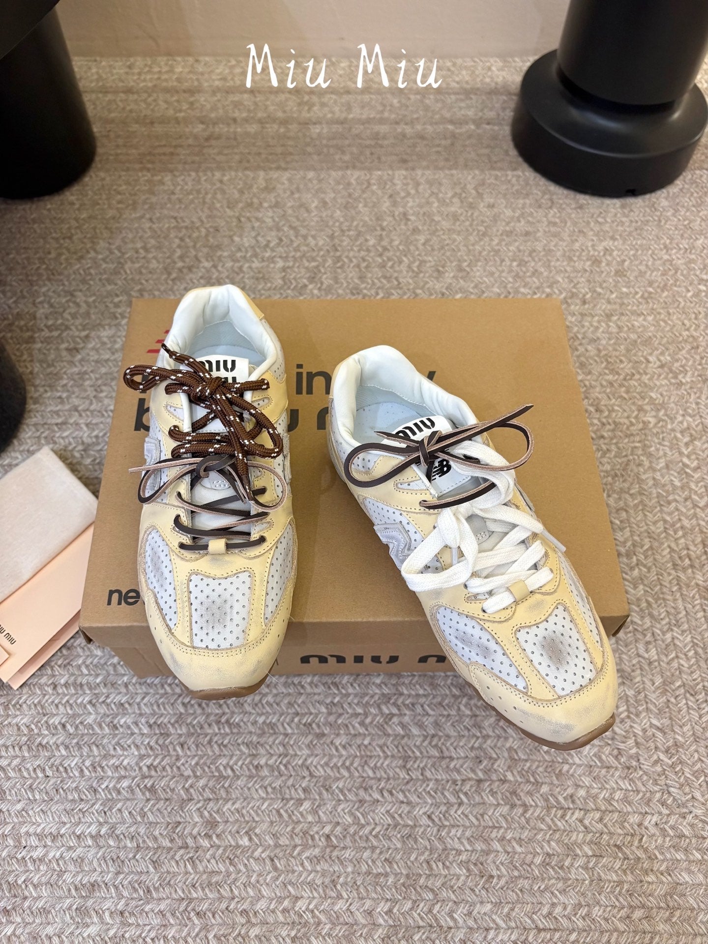 MIUMIU 26S PERFORATED SNEAKERS IN WHITE AND BEIGE YELLOW CALFSKIN
