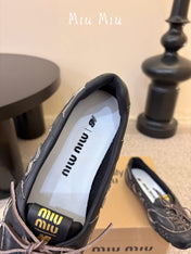 MIUMIU 26S LACE-UP BALLET IN BLACK CALFSKIN