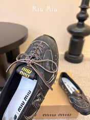 MIUMIU 26S LACE-UP BALLET IN BLACK CALFSKIN