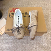 MIUMIU 26S LACE-UP BALLET IN BEIGE SUEDE