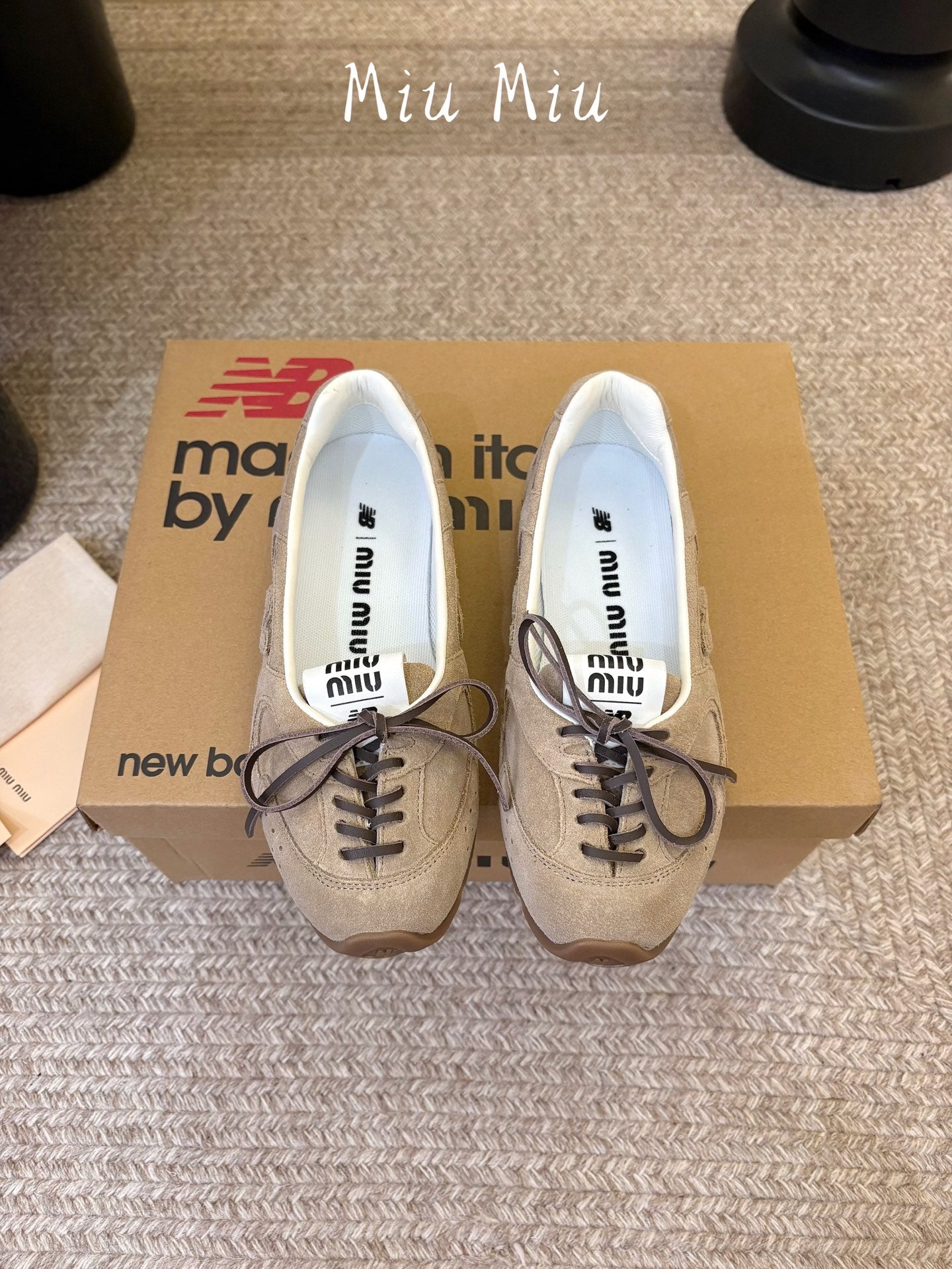 MIUMIU 26S LACE-UP BALLET IN BEIGE SUEDE