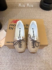 MIUMIU 26S LACE-UP BALLET IN BEIGE SUEDE