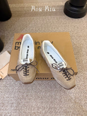 MIUMIU 26S LACE-UP BALLET IN BEIGE SUEDE