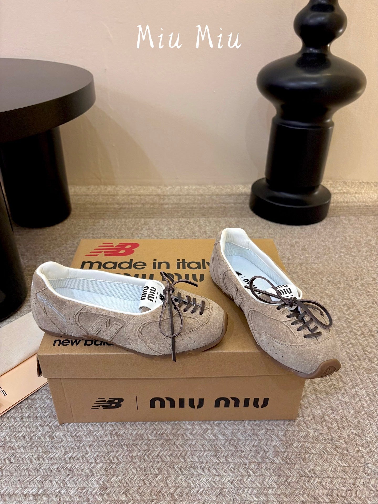 MIUMIU 26S LACE-UP BALLET IN BEIGE SUEDE