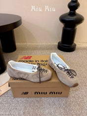MIUMIU 26S LACE-UP BALLET IN BEIGE SUEDE