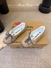 MIUMIU 26S LACE-UP BALLET IN BEIGE SUEDE
