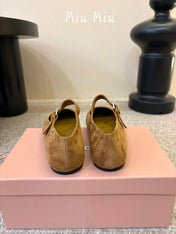 MIUMIU 26S MARY JANE BALLET IN CAMEL BROWN SUEDE