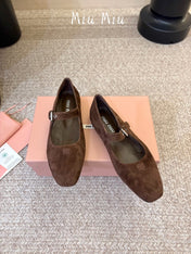 MIUMIU 26S MARY JANE BALLET IN DARK BROWN SUEDE