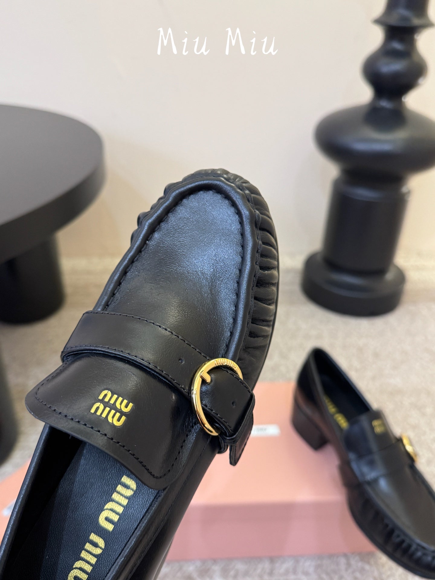 MIUMIU 26S HEEL LOAFERS 50 MM IN BLACK CALFSKIN