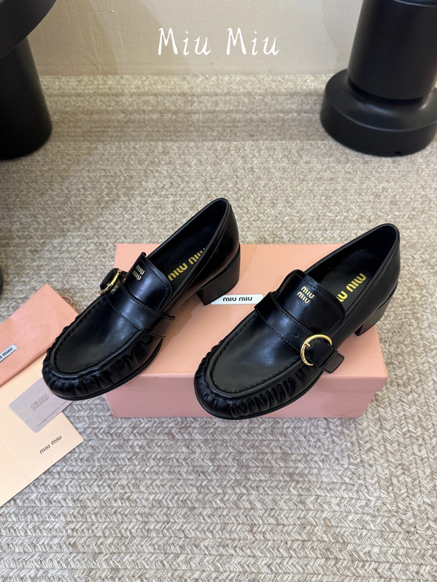 MIUMIU 26S HEEL LOAFERS 50 MM IN BLACK CALFSKIN