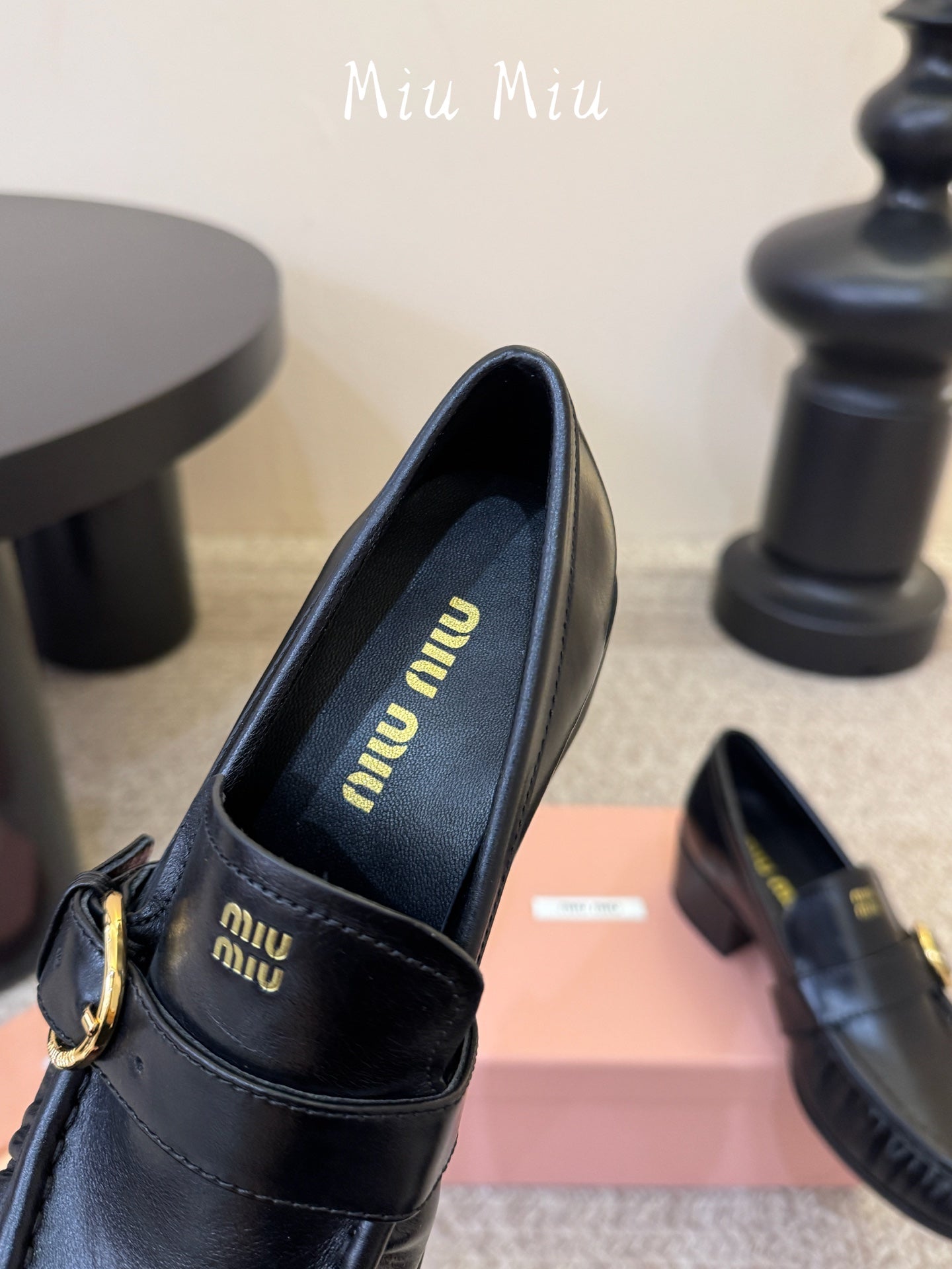 MIUMIU 26S HEEL LOAFERS 50 MM IN BLACK CALFSKIN