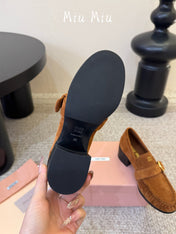 MIUMIU 26S HEEL LOAFERS 50 MM IN BROWN SUEDE