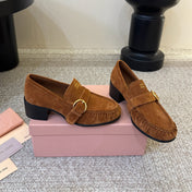 MIUMIU 26S HEEL LOAFERS 50 MM IN BROWN SUEDE