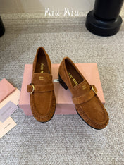 MIUMIU 26S HEEL LOAFERS 50 MM IN BROWN SUEDE