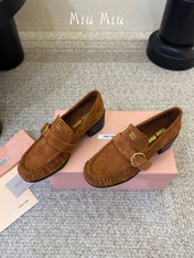 MIUMIU 26S HEEL LOAFERS 50 MM IN BROWN SUEDE