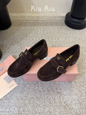 MIUMIU 26S HEEL LOAFERS 50 MM IN DARK BROWN SUEDE