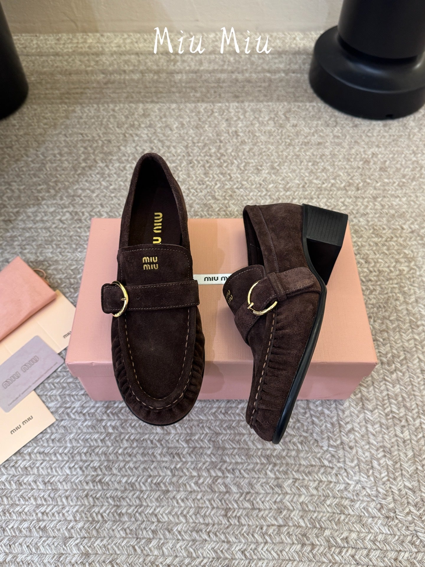 MIUMIU 26S HEEL LOAFERS 50 MM IN DARK BROWN SUEDE