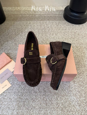 MIUMIU 26S HEEL LOAFERS 50 MM IN DARK BROWN SUEDE