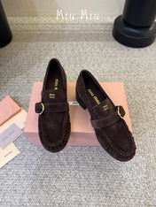 MIUMIU 26S HEEL LOAFERS 50 MM IN DARK BROWN SUEDE