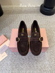 MIUMIU 26S HEEL LOAFERS 50 MM IN DARK BROWN SUEDE